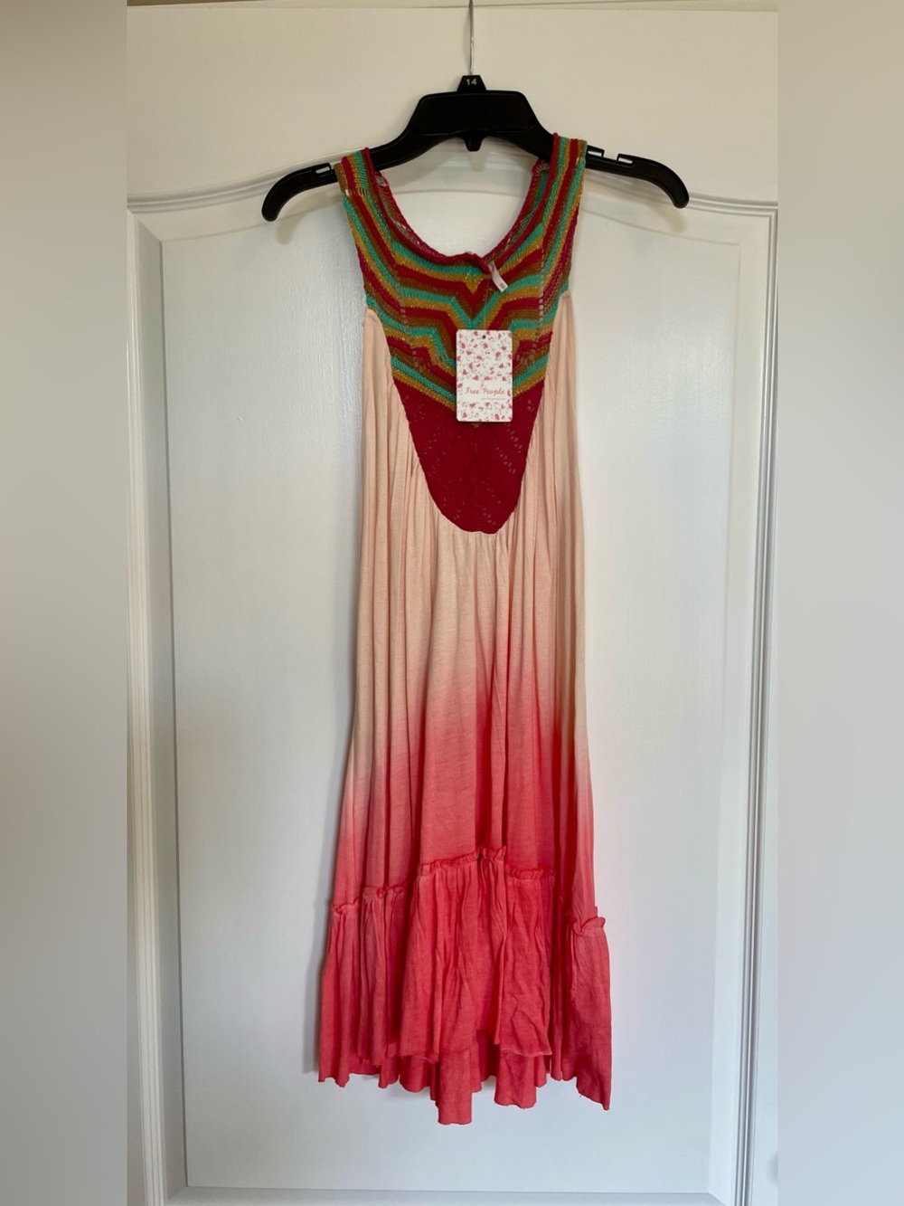 Free People Striped Crochet Yoke Mini Dress in Teal, Magenta & Tan